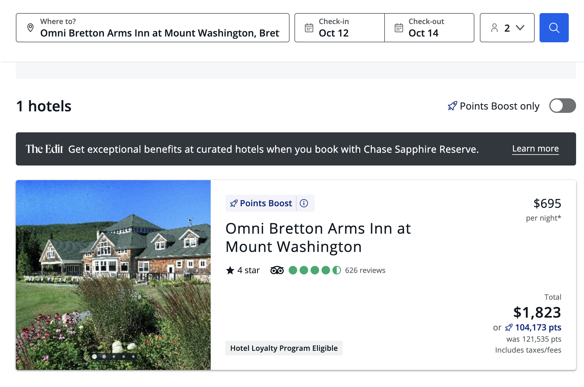 Screenshot showing a room at the Omni Bretton Arms Inn is bookable for $1,823 or 104,173 points.