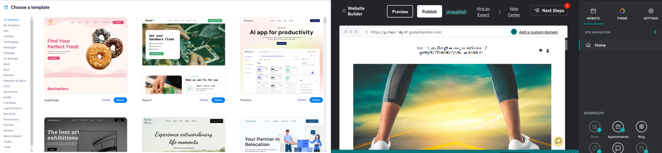 Screenshots of WordPress-compatible website builder SiteJet (left) and GoDaddy’s website builder(right).