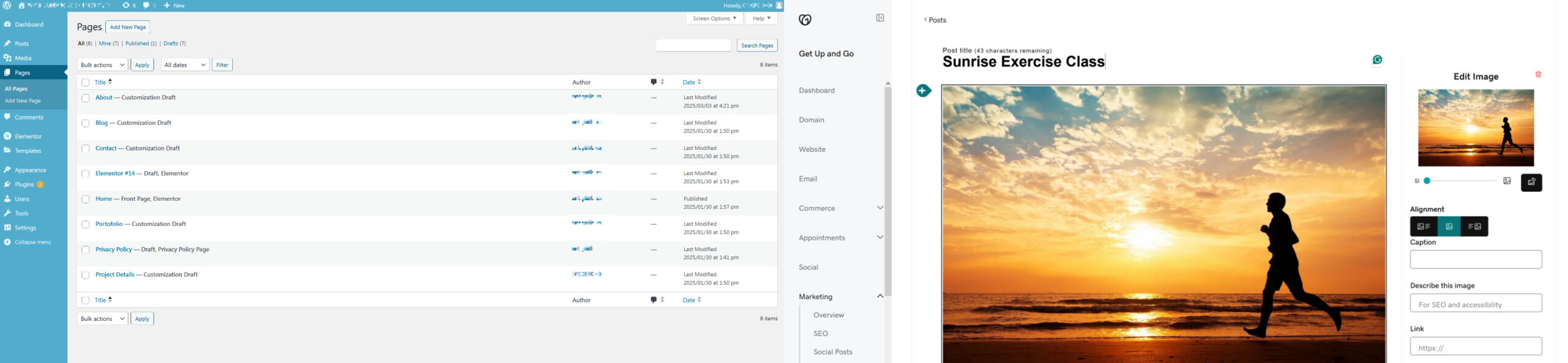 WordPress’s (left) interface is more complicated than GoDaddy’s (right) website builder.