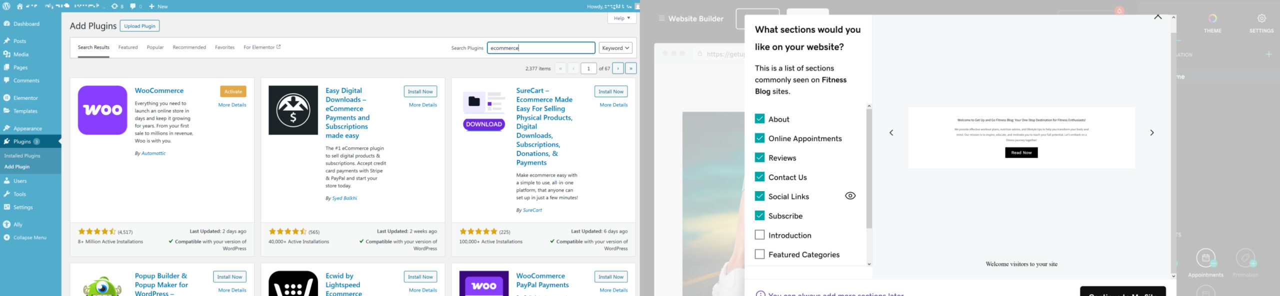 Screenshot of WordPress plug-in examples and GoDaddy page options.