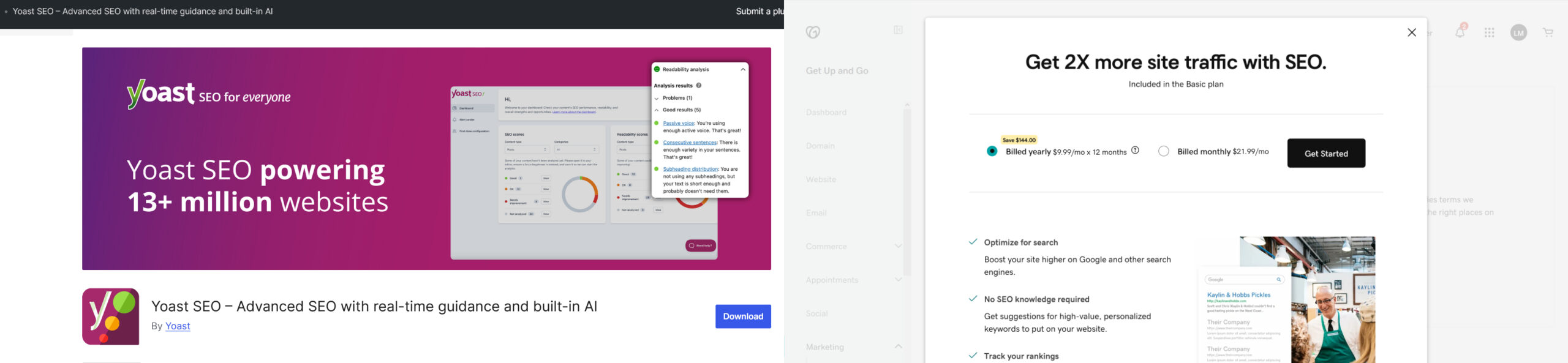 Screenshot of Yoast for WordPress and GoDaddy’s SEO subscription page.